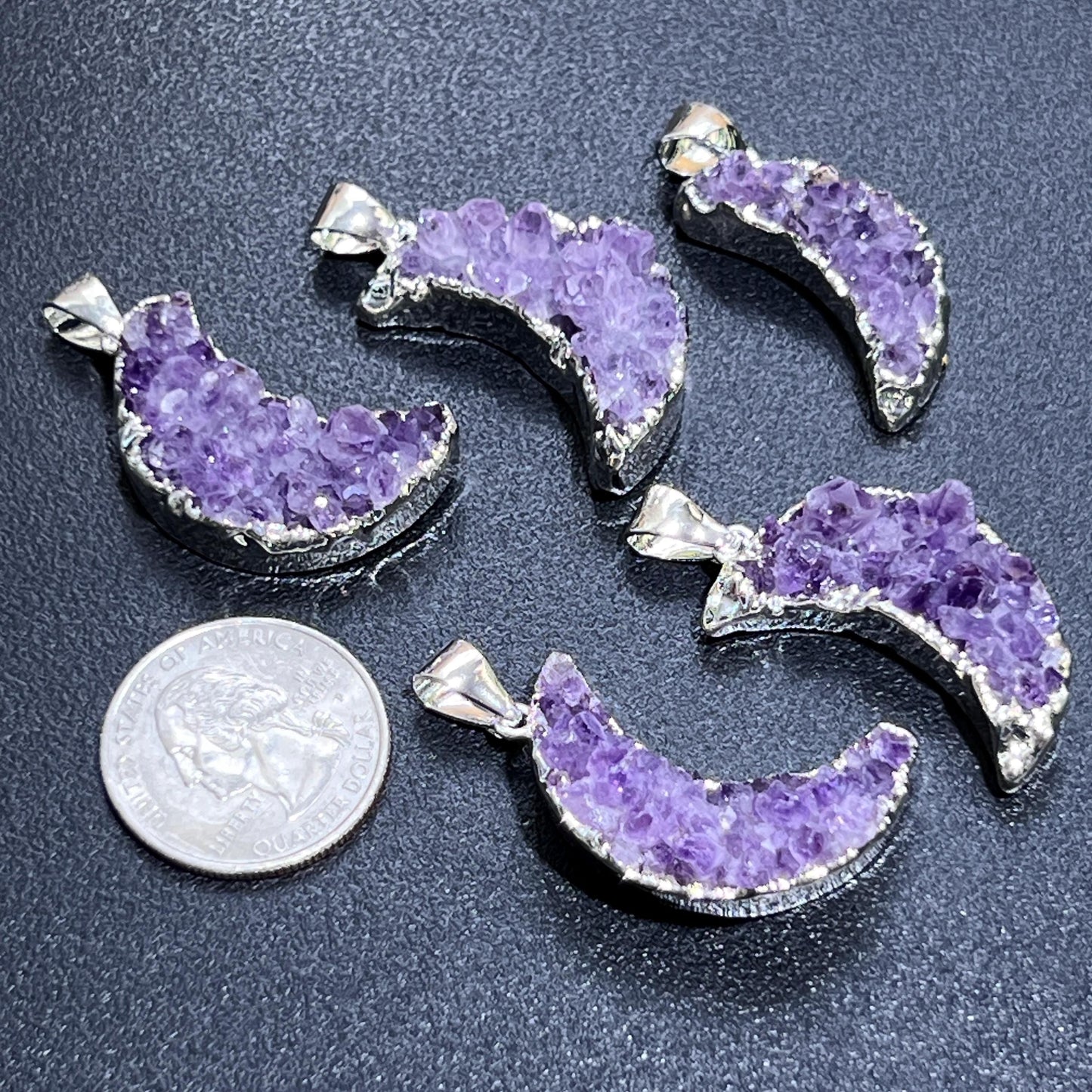 Crescent Moon Pendant (Amethyst Druzy Crystal)(Silver Plated) Gemstone Jewelry Necklace Charm Supply Amazing Crystals