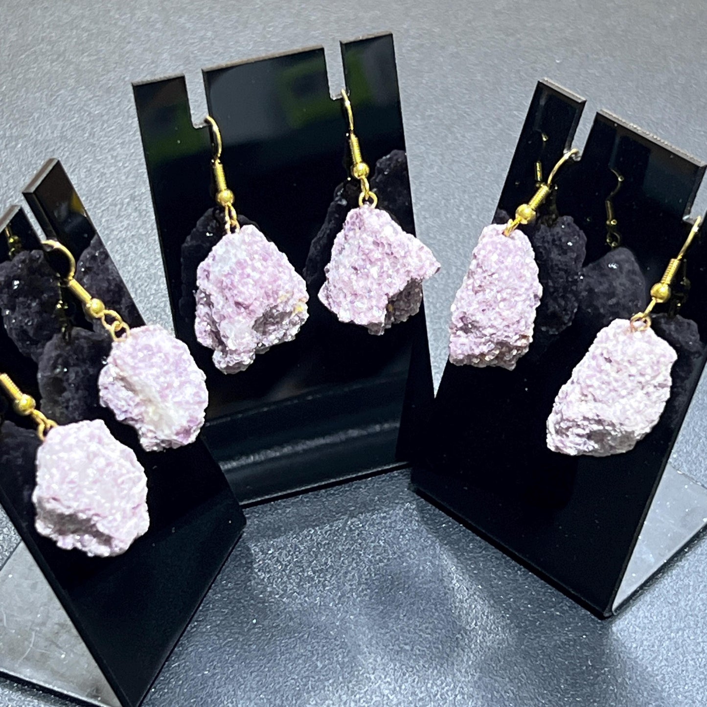Lilac Lepidolite Raw Crystal Earrings Pair (Gold Stainless Steel Hooks) Amazing Crystals
