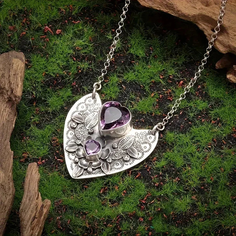Amethyst Heart Pendant Necklace Green Witch Creations