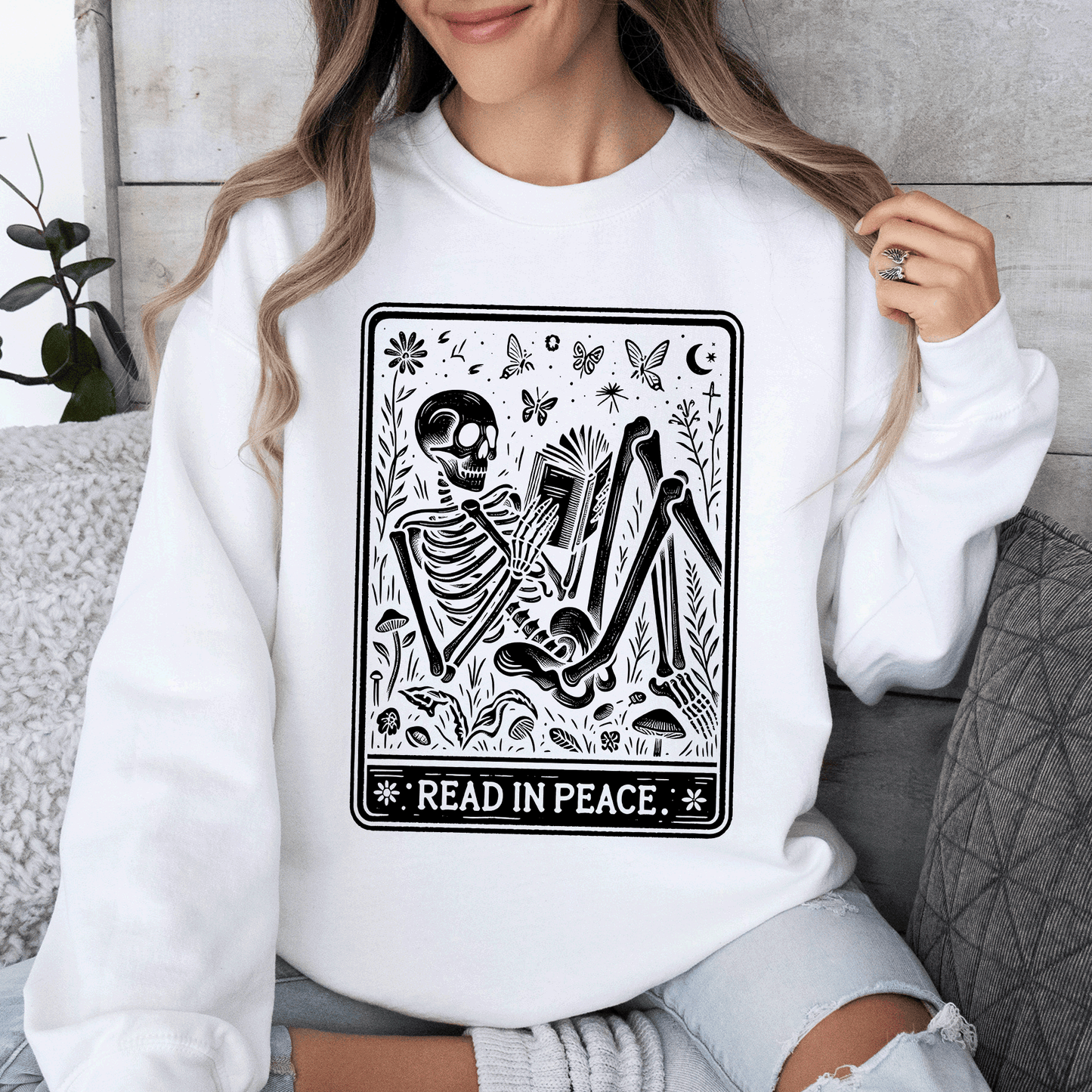 Read In Peace, Halloween, Skeleton, Tarot, Books, Library Sweatshirt Refinery No. 1