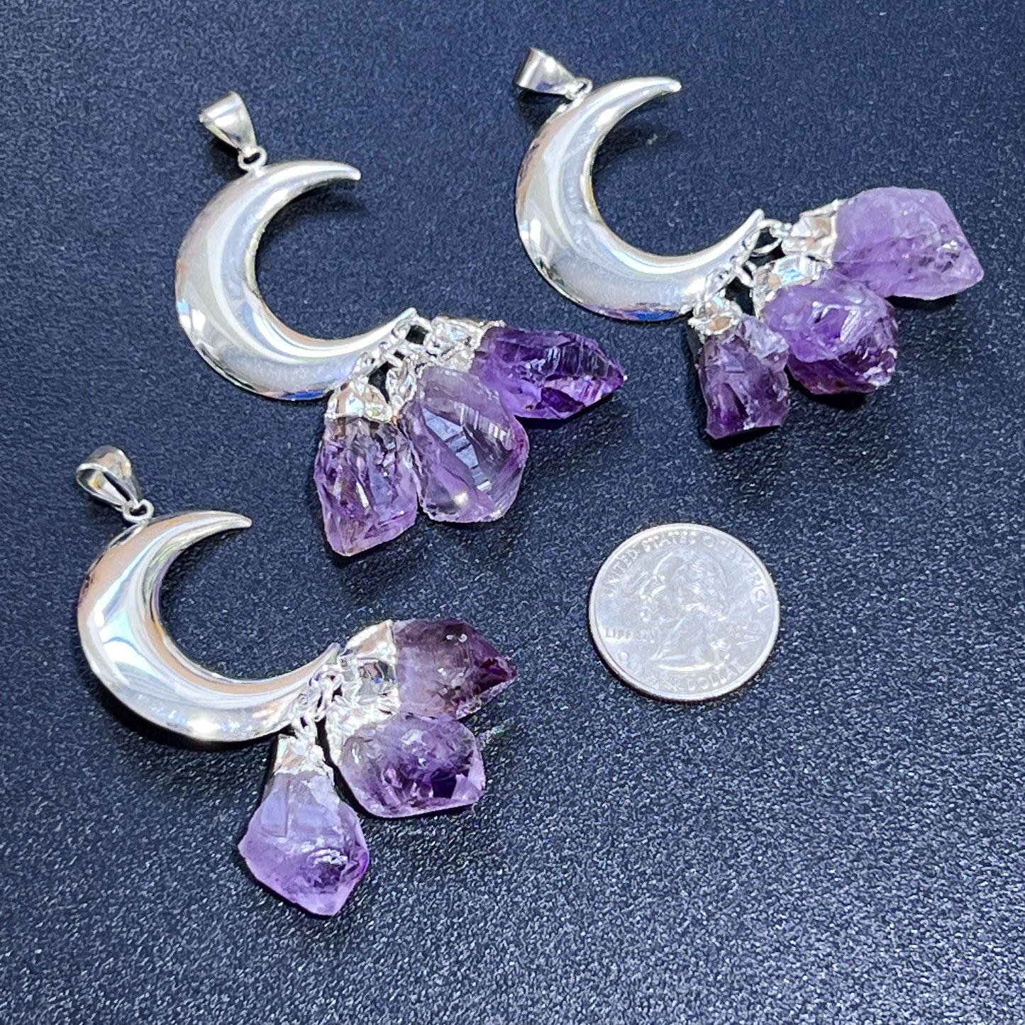 Amethyst Crystal Crescent Moon Pendant (Silver Plated)(3 Crystals) Gemstone Jewelry Necklace Supply Amazing Crystals