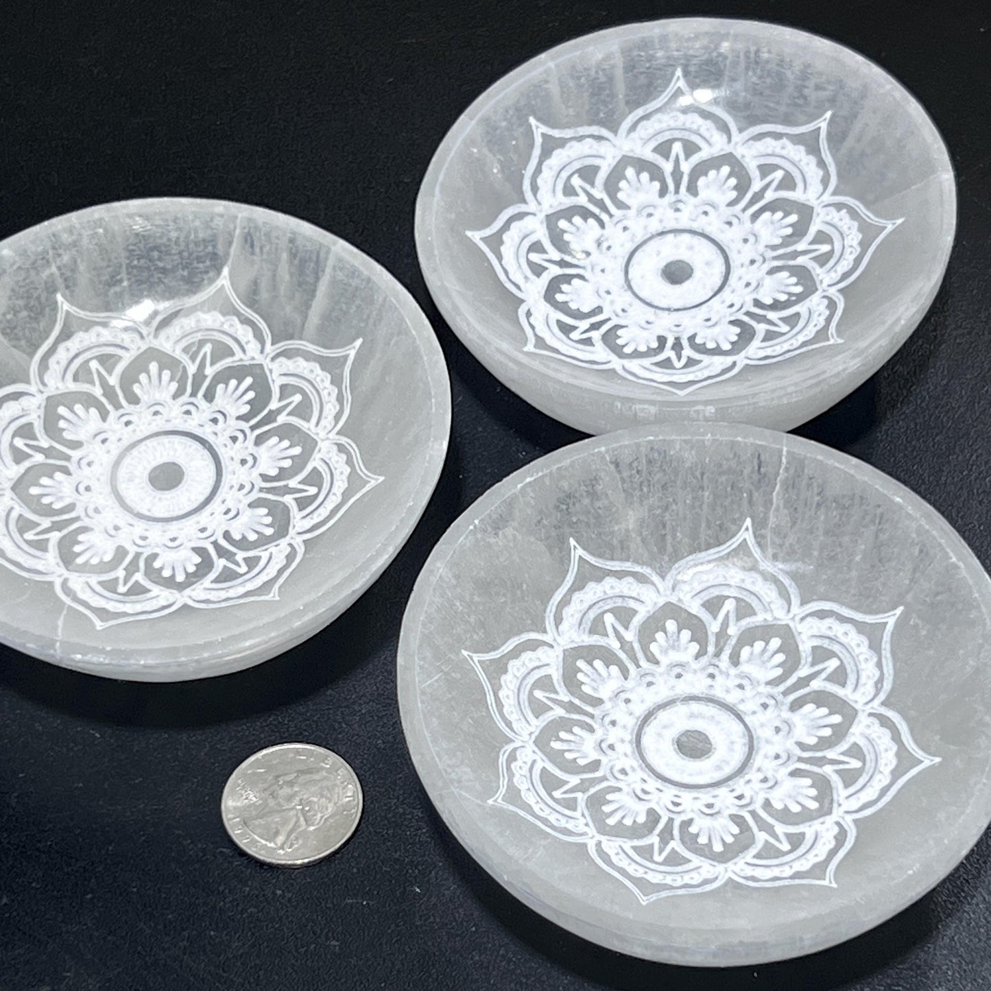 Selenite Crystal Mandala Lotus Engraved Bowl (10cm)(4 Inches) Gemstone Decor Carving Wholesale Supply Amazing Crystals