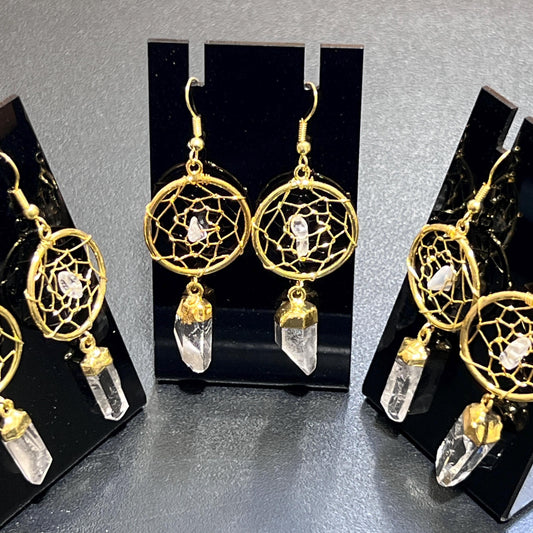 DreamCatcher Earrings Pair (Quartz Crystal)(Gold Plated)(Stainless Steel Hooks) Gemstone Jewelry Supply Amazing Crystals