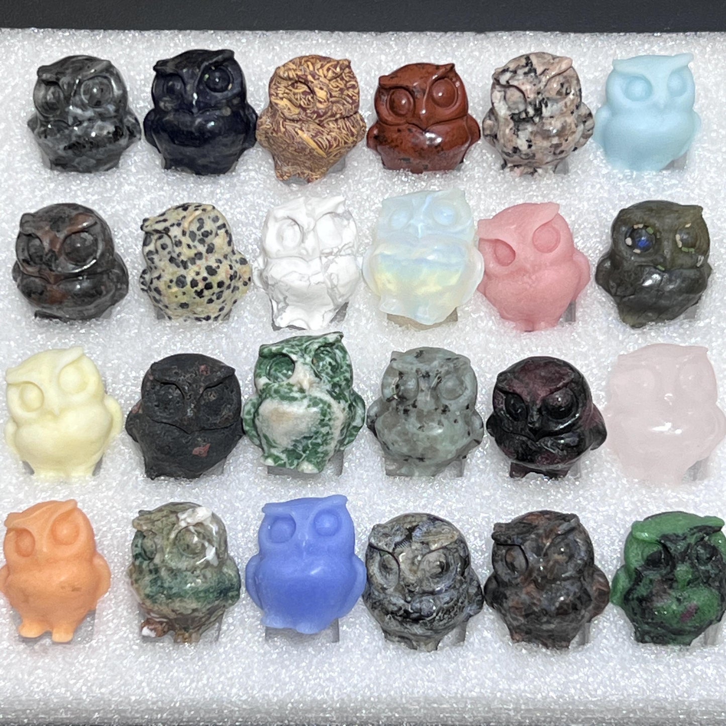 Mixed Gemstone Owl Carving Collection ( 24 Pcs ) Bulk Wholesale Assorted Flat Box Amazing Crystals