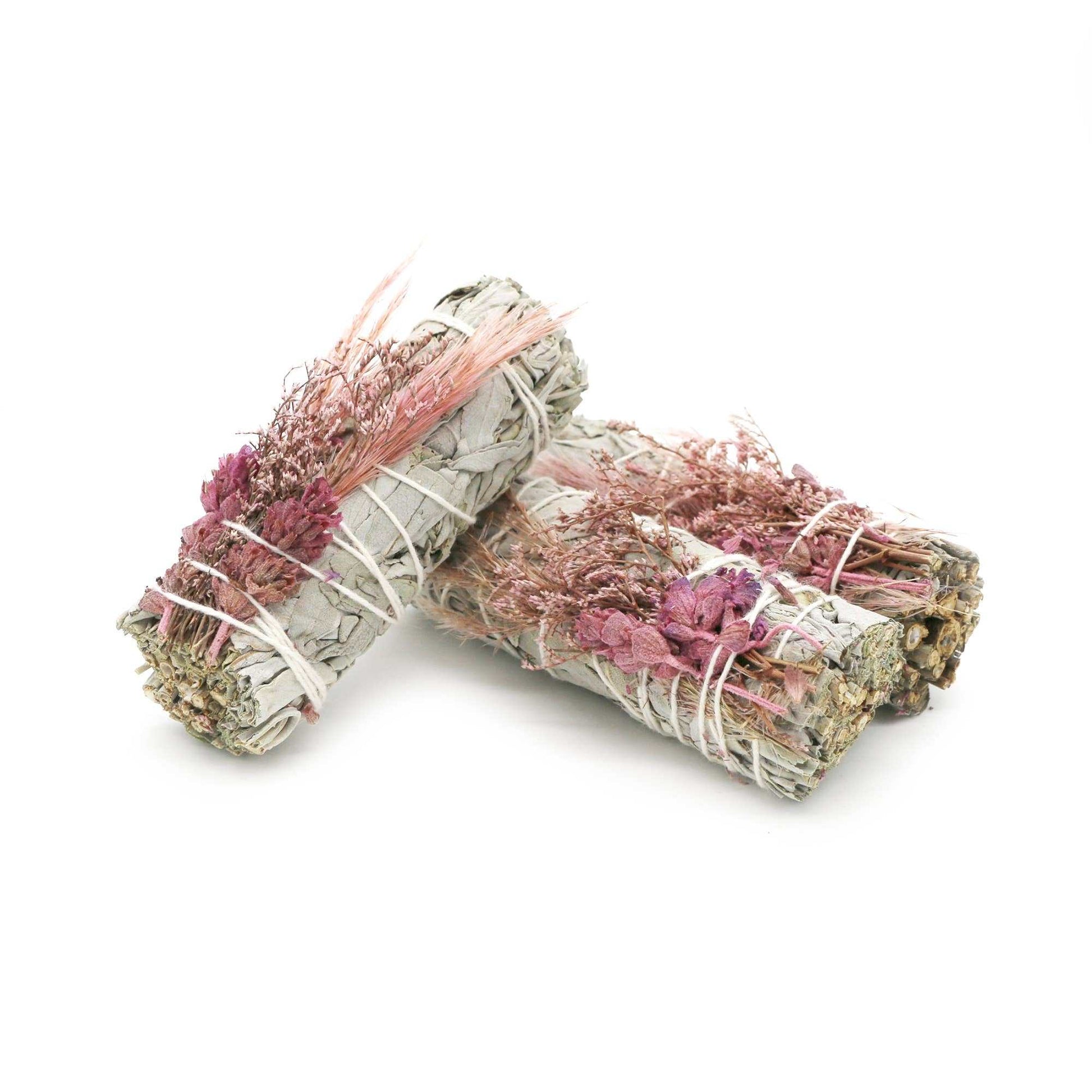 'Pink Bouquet' Floral White Sage Smudge Stick (4 in.) Sacred Crystals