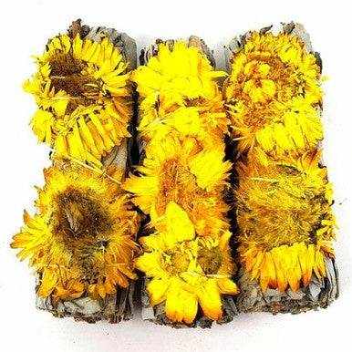 Yellow Paper Flower White Sage Smudge Stick (4 in.) Sacred Crystals
