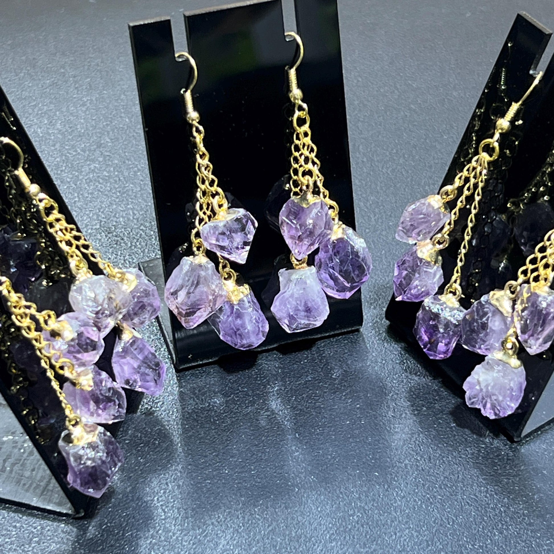 Long Dangle Amethyst Triple Crystal Point Earrings Pair (Gold Plated) Wholesale Amazing Crystals