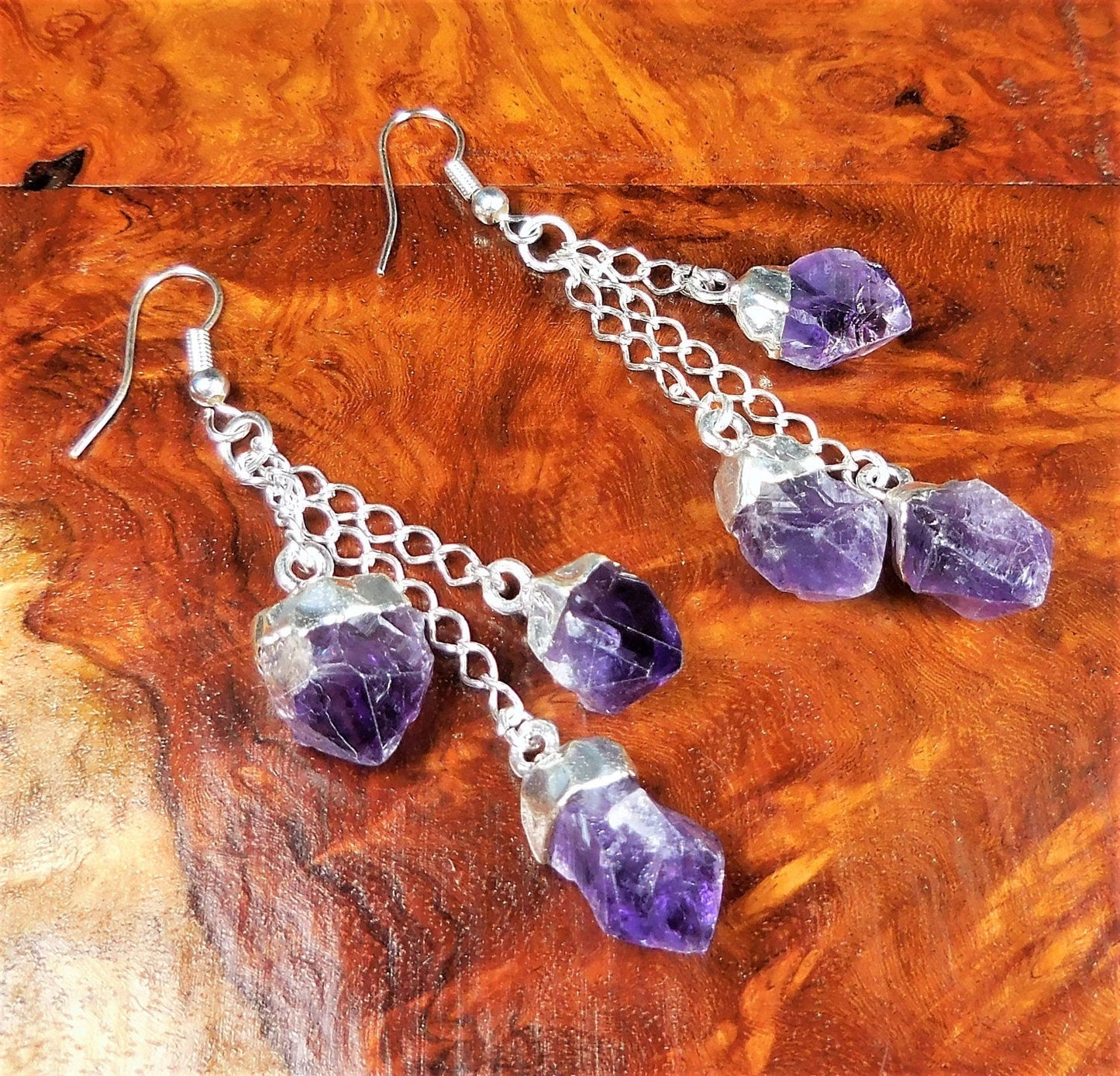 Amethyst Crystal Earrings Pair (Stainless Steel Silver Hooks) Long Dangle Gemstone Jewelry Supply Amazing Crystals