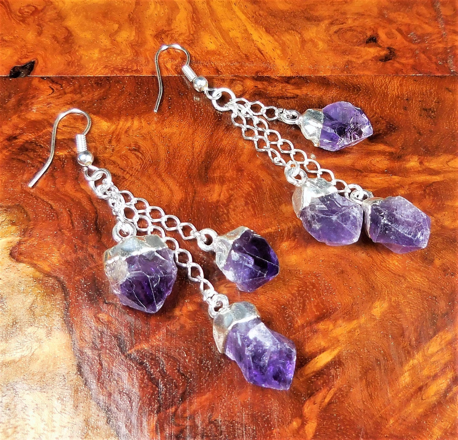 Amethyst Crystal Earrings Pair (Stainless Steel Silver Hooks) Long Dangle Gemstone Jewelry Supply Amazing Crystals