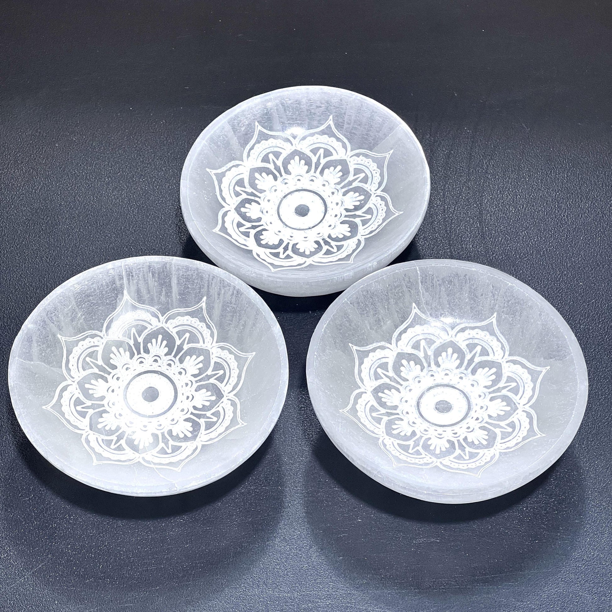 Selenite Crystal Mandala Lotus Engraved Bowl (10cm)(4 Inches) Gemstone Decor Carving Wholesale Supply Amazing Crystals