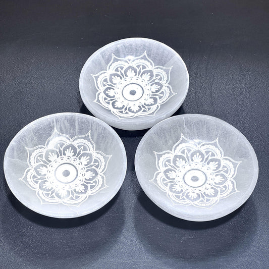 Selenite Crystal Mandala Lotus Engraved Bowl (10cm)(4 Inches) Gemstone Decor Carving Wholesale Supply Amazing Crystals