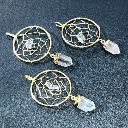 Dreamcatcher Pendant (Quartz Crystal Point)(Gold Plated) Gemstone Jewelry Necklace Supply Amazing Crystals