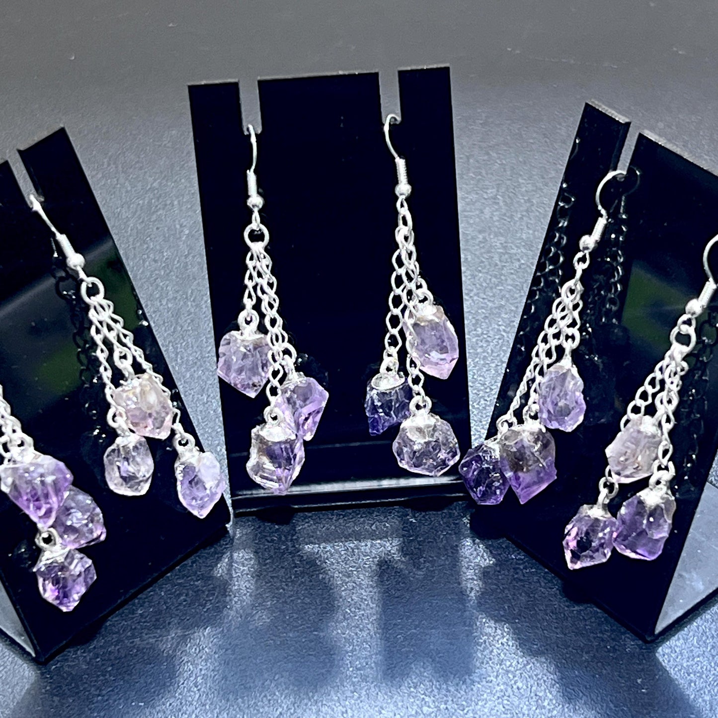 Amethyst Crystal Earrings Pair (Stainless Steel Silver Hooks) Long Dangle Gemstone Jewelry Supply Amazing Crystals