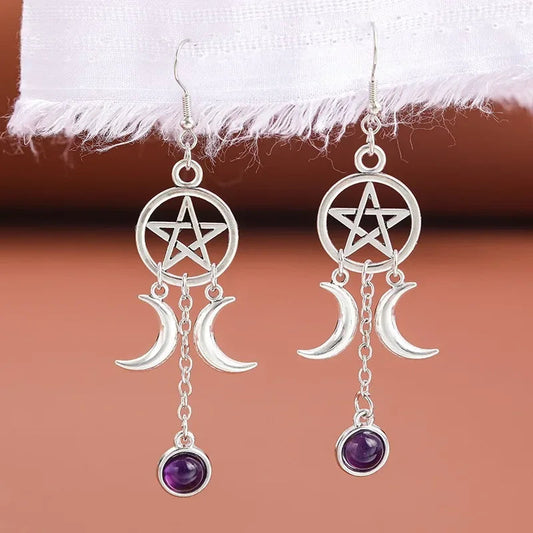 Pentacle Moon Crystal Earrings Green Witch Creations