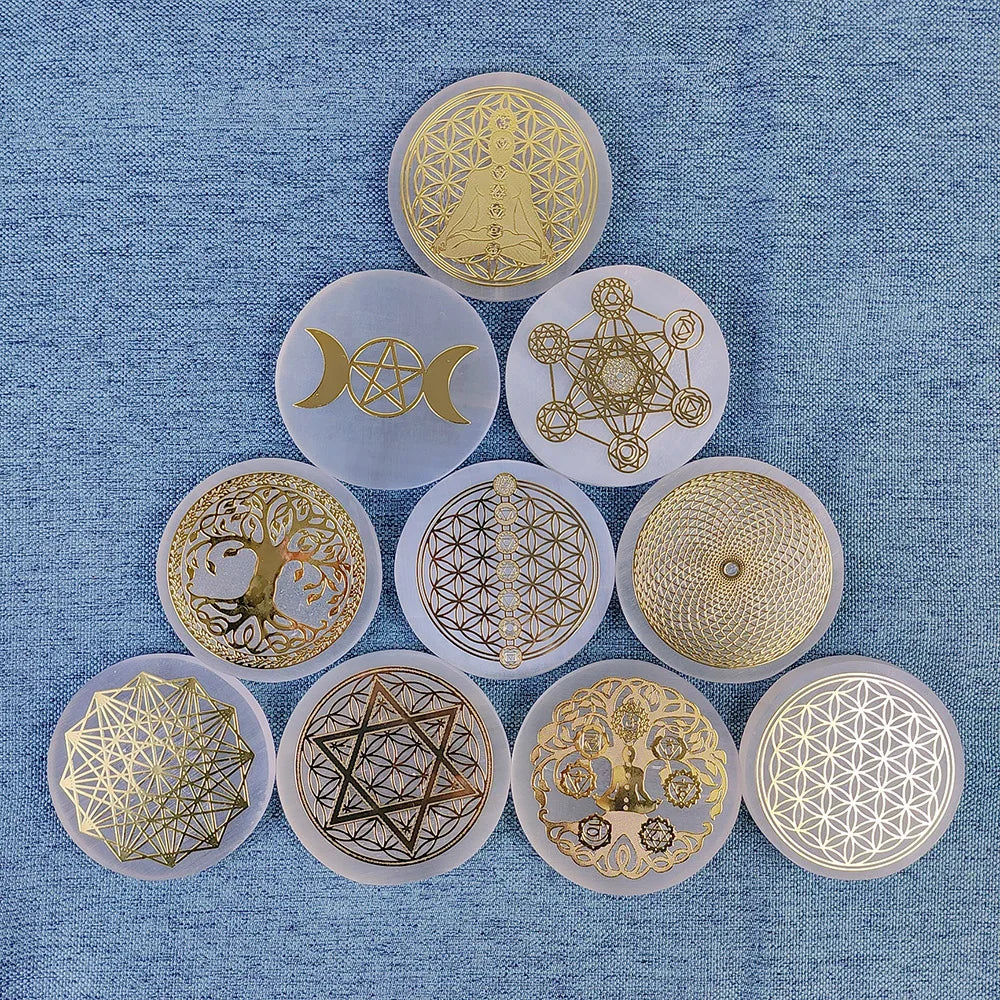 Selenite Spiritual Gold Symbol Plates Green Witch Creations