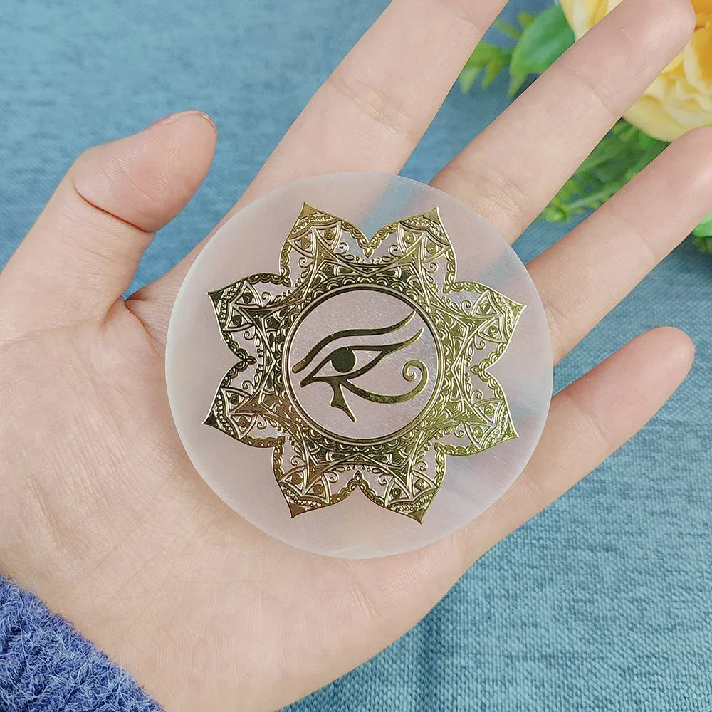 Selenite Spiritual Gold Symbol Plates Green Witch Creations