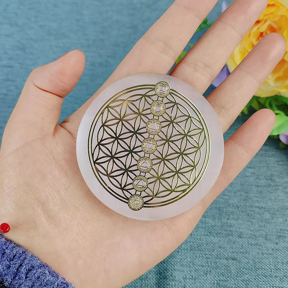 Selenite Spiritual Gold Symbol Plates Green Witch Creations