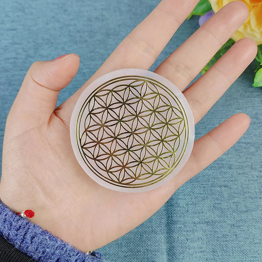 Selenite Spiritual Gold Symbol Plates Green Witch Creations