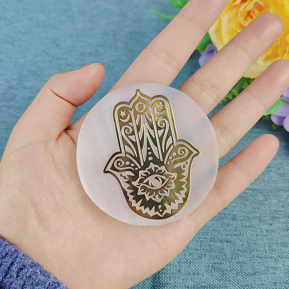 Selenite Spiritual Gold Symbol Plates Green Witch Creations