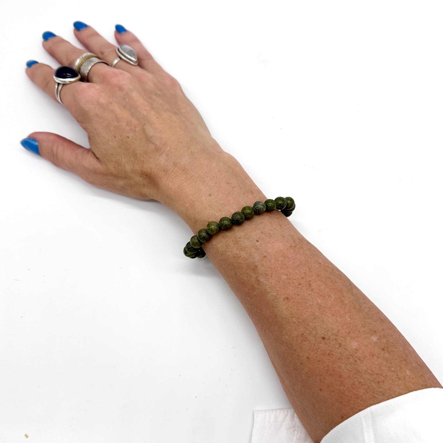 Epidote with Trace Pyrite Inclusions Natural Crystal Round Bead Stretch Bracelet Sacred Crystals