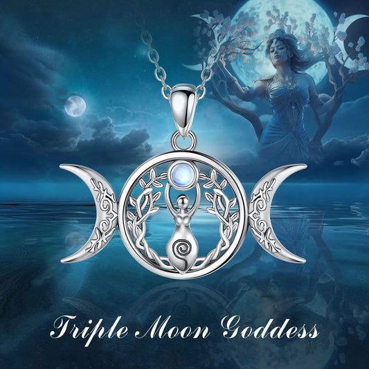Moonstone Triple Moon Goddess Sterling Silver Necklace Green Witch Creations