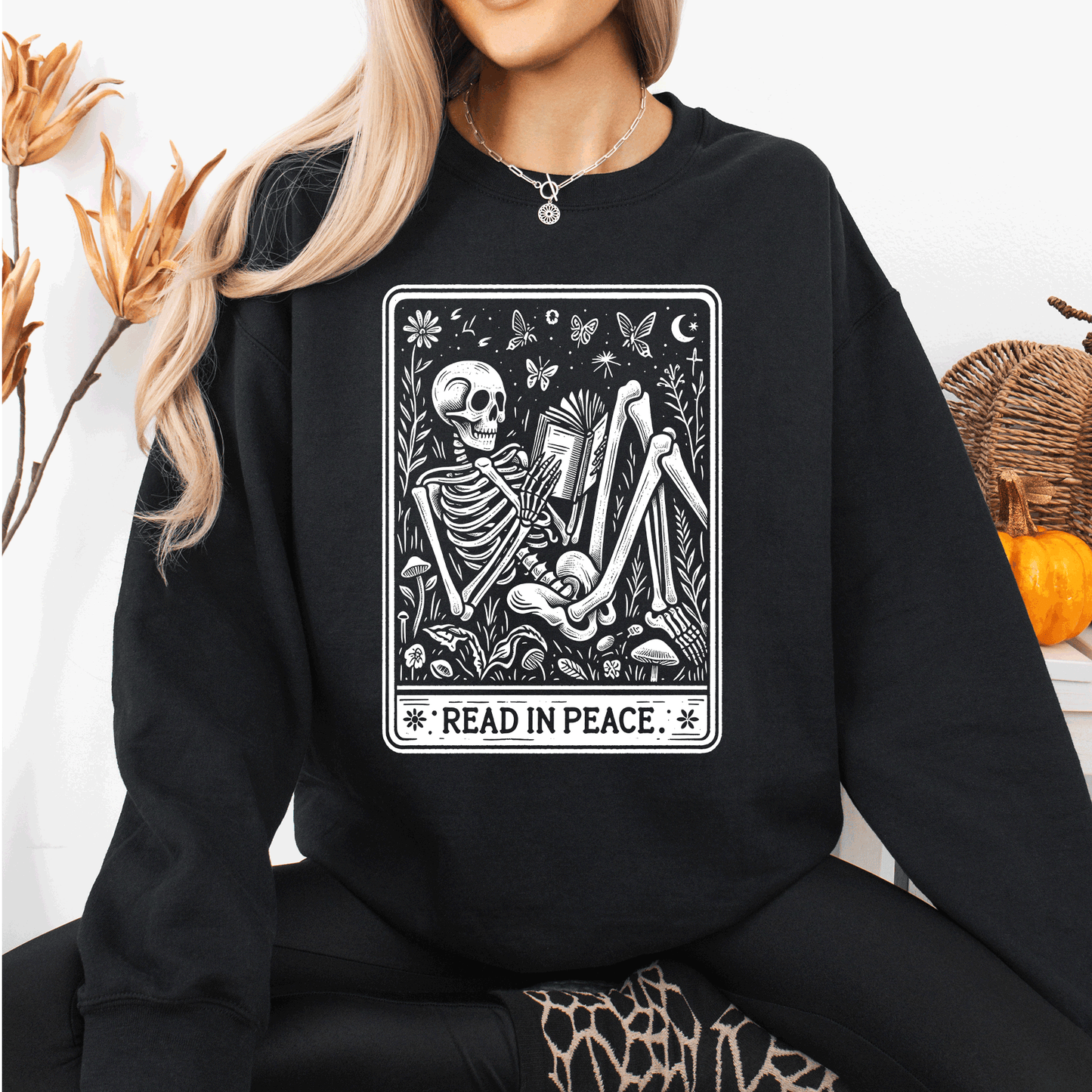 Read In Peace, Halloween, Skeleton, Tarot, Books, Library Sweatshirt Refinery No. 1