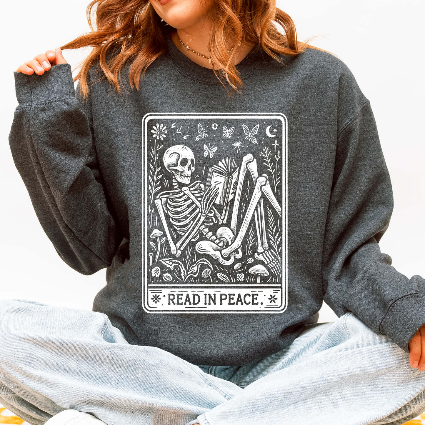 Read In Peace, Halloween, Skeleton, Tarot, Books, Library Sweatshirt Refinery No. 1
