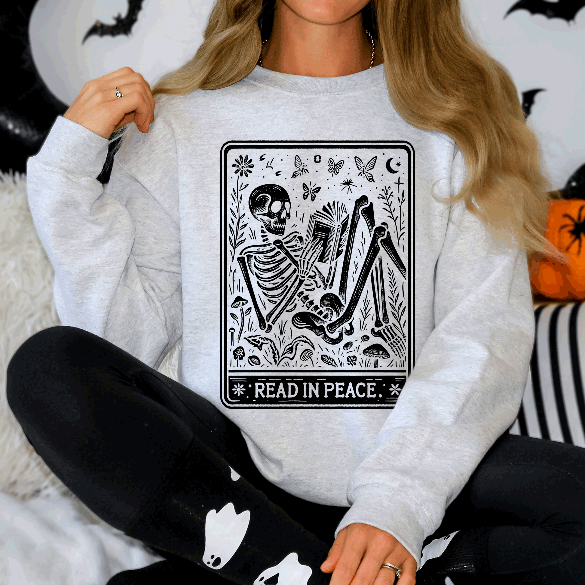 Read In Peace, Halloween, Skeleton, Tarot, Books, Library Sweatshirt Refinery No. 1