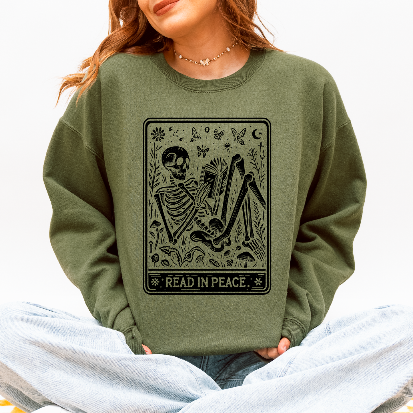 Read In Peace, Halloween, Skeleton, Tarot, Books, Library Sweatshirt Refinery No. 1