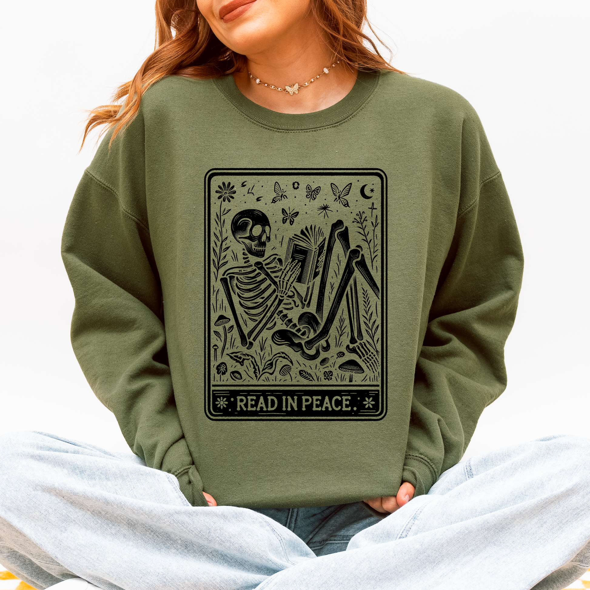 Read In Peace, Halloween, Skeleton, Tarot, Books, Library Sweatshirt Refinery No. 1