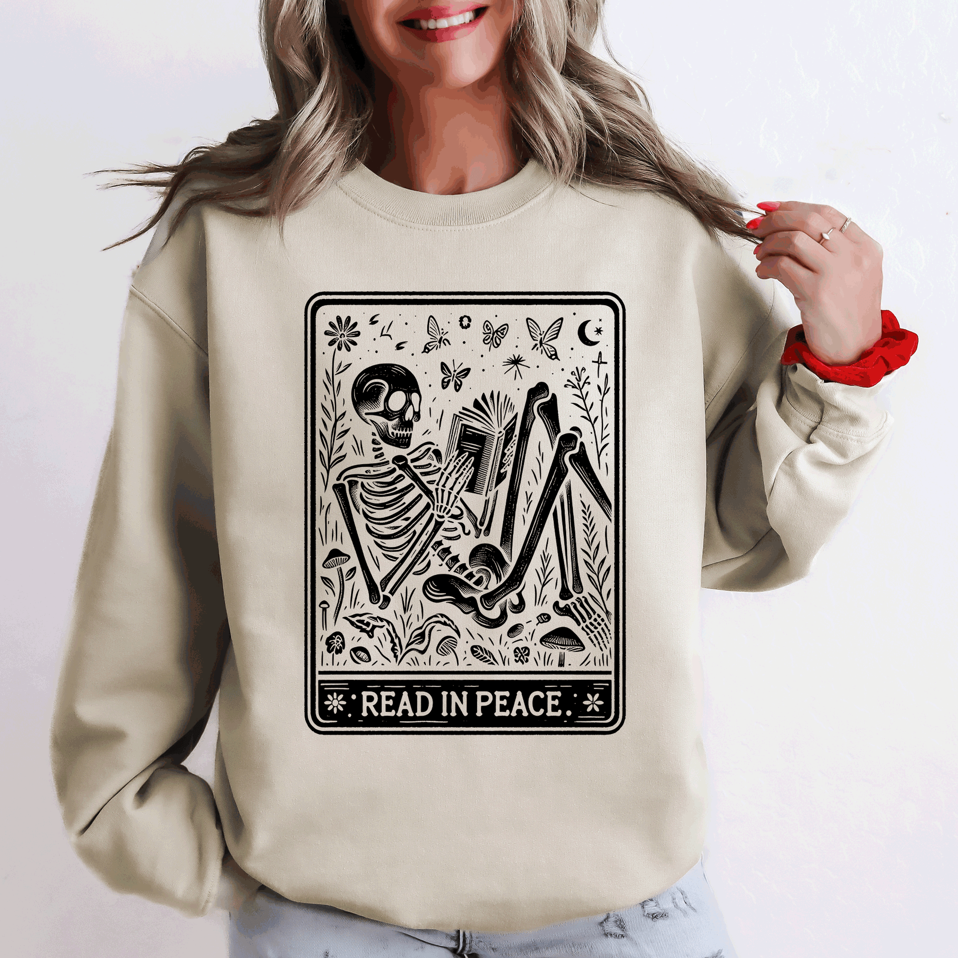 Read In Peace, Halloween, Skeleton, Tarot, Books, Library Sweatshirt Refinery No. 1