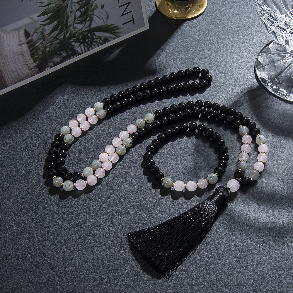 Black Onyx, Rose Quartz, & Labradorite Mala Necklace Green Witch Creations