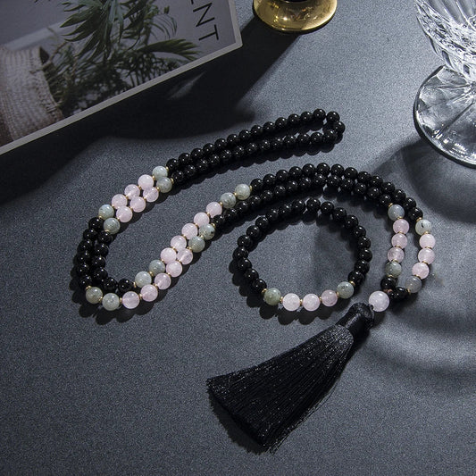 Black Onyx, Rose Quartz, & Labradorite Mala Necklace Green Witch Creations