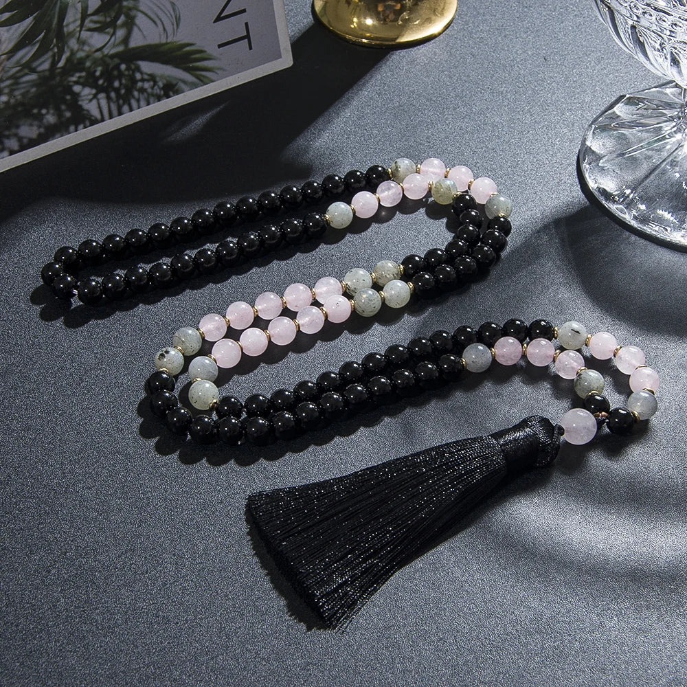 Black Onyx, Rose Quartz, & Labradorite Mala Necklace Green Witch Creations