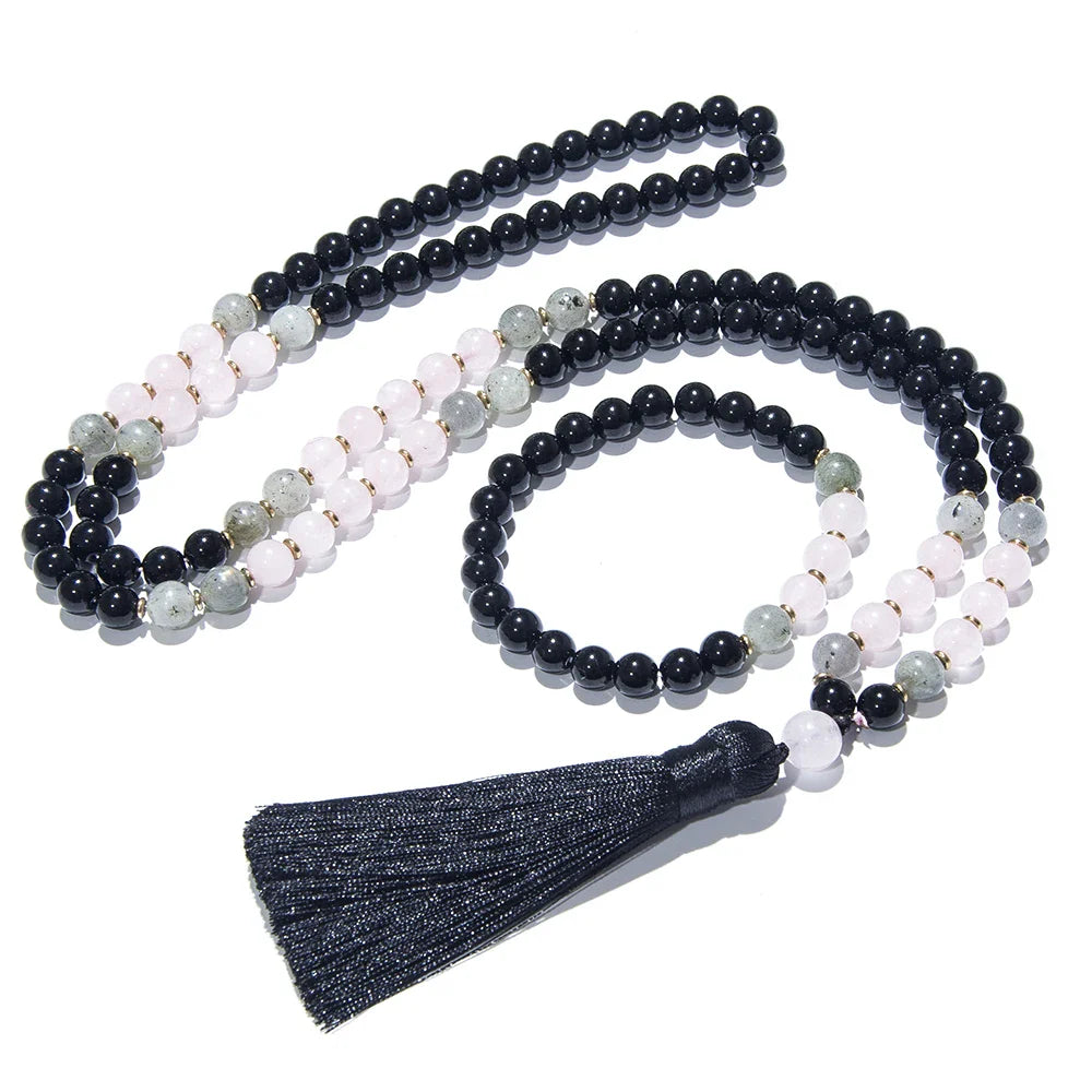 Black Onyx, Rose Quartz, & Labradorite Mala Necklace Green Witch Creations