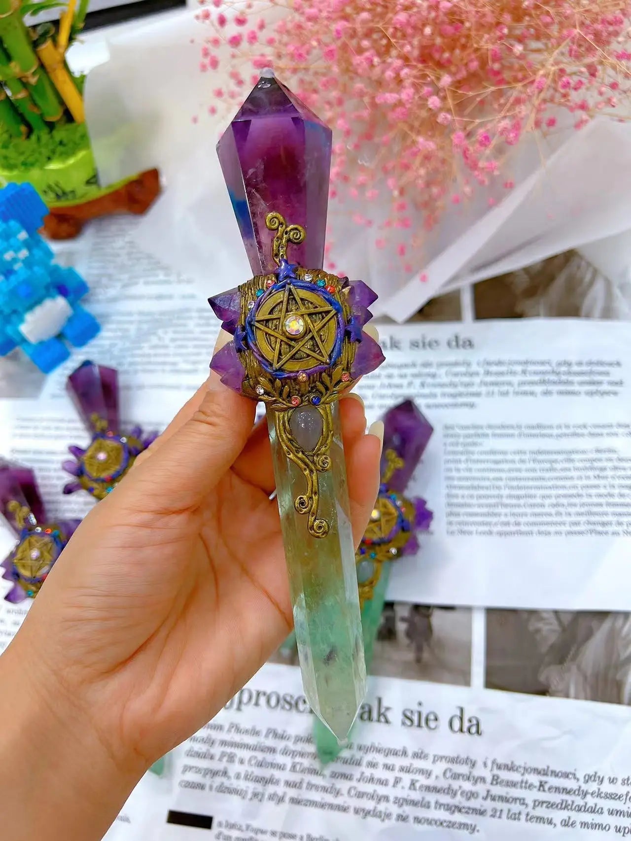 Green Fluorite and Amethyst Pentacle Witch Wand Green Witch Creations