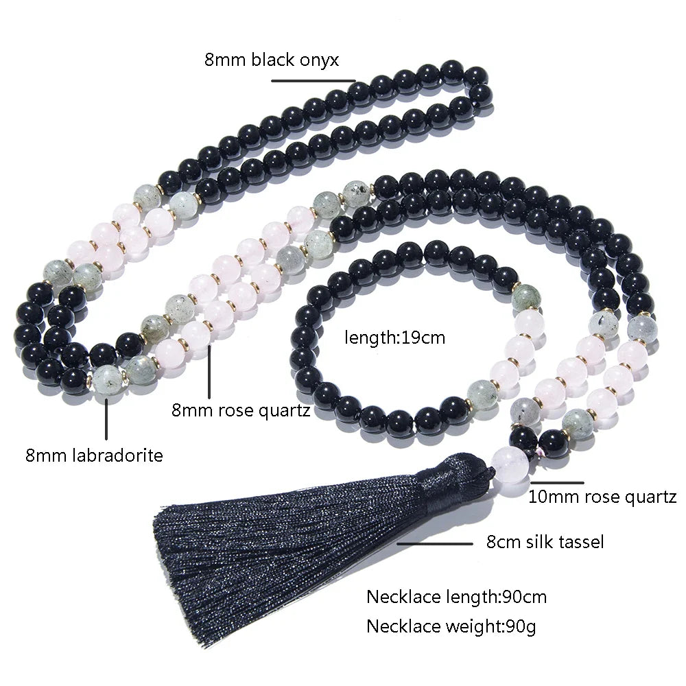 Black Onyx, Rose Quartz, & Labradorite Mala Necklace Green Witch Creations