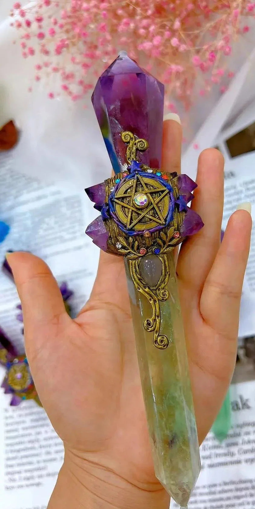 Green Fluorite and Amethyst Pentacle Witch Wand Green Witch Creations