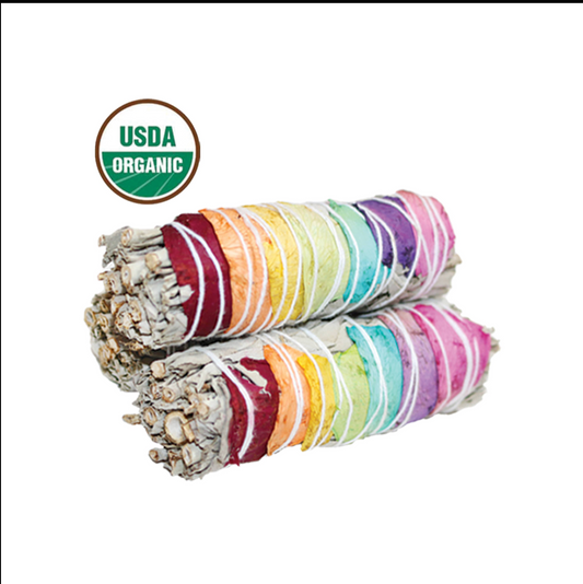 7 Chakra Rose Petals & White Sage Smudge Stick (4 in.) Sacred Crystals