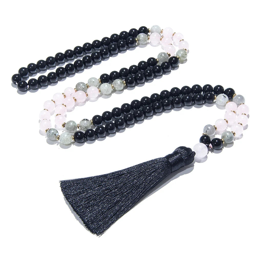 Black Onyx, Rose Quartz, & Labradorite Mala Necklace Green Witch Creations