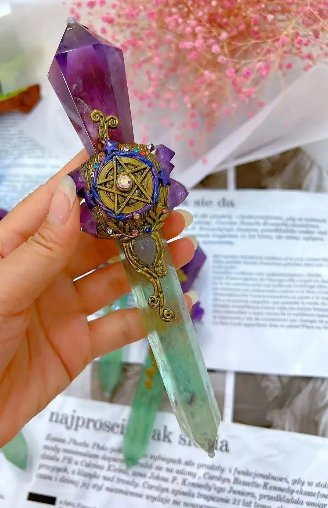 Green Fluorite and Amethyst Pentacle Witch Wand Green Witch Creations