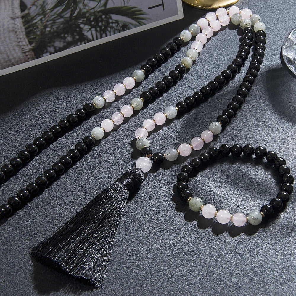 Black Onyx, Rose Quartz, & Labradorite Mala Necklace Green Witch Creations