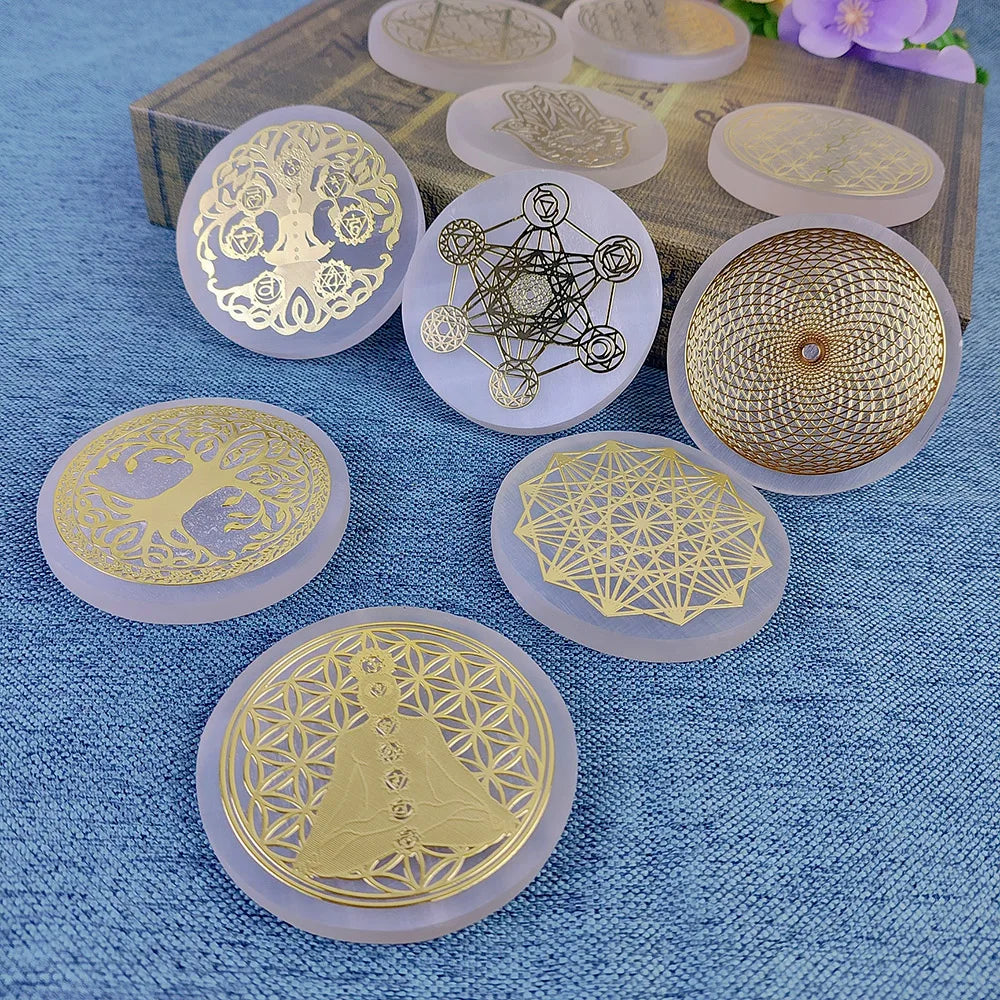 Selenite Spiritual Gold Symbol Plates Green Witch Creations