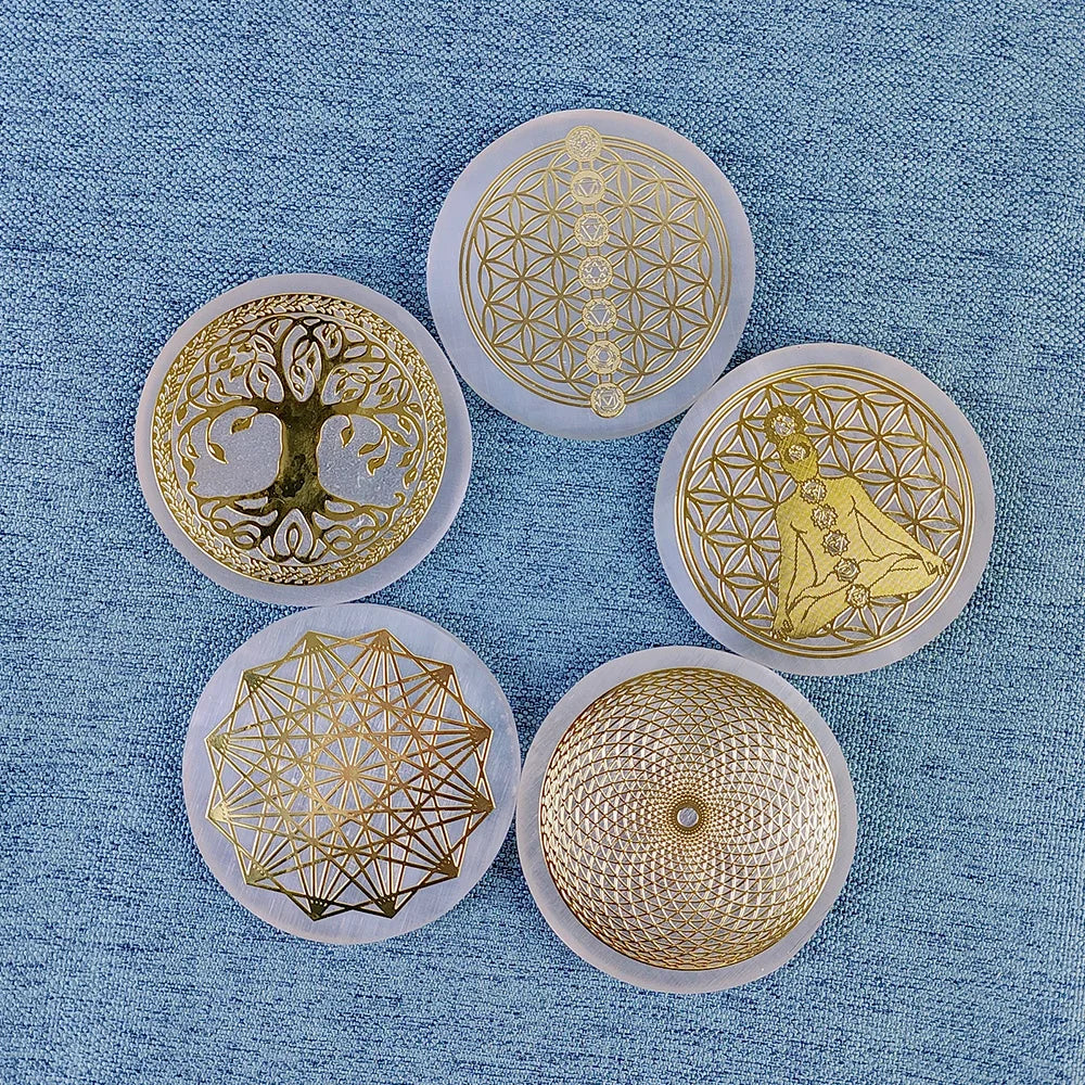 Selenite Spiritual Gold Symbol Plates Green Witch Creations