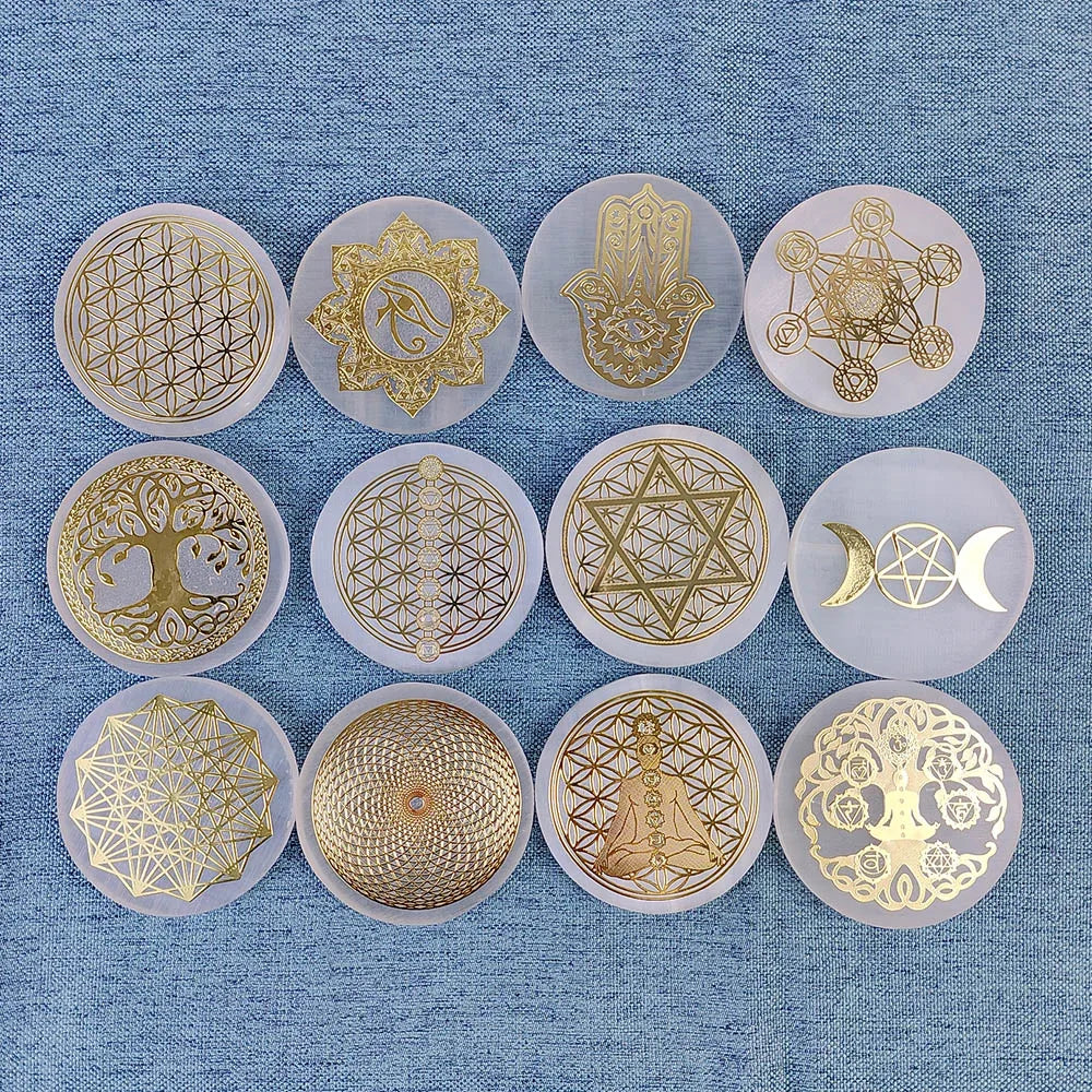 Selenite Spiritual Gold Symbol Plates Green Witch Creations