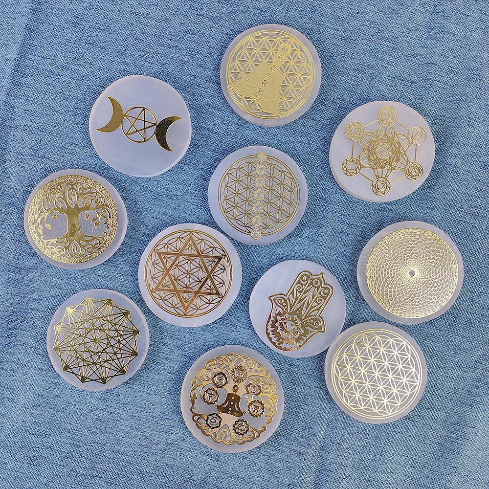 Selenite Spiritual Gold Symbol Plates Green Witch Creations