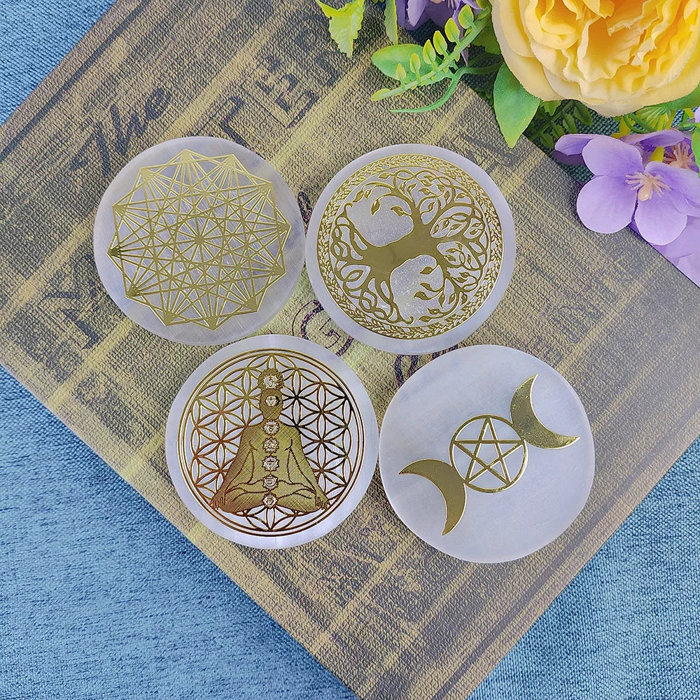Selenite Spiritual Gold Symbol Plates Green Witch Creations