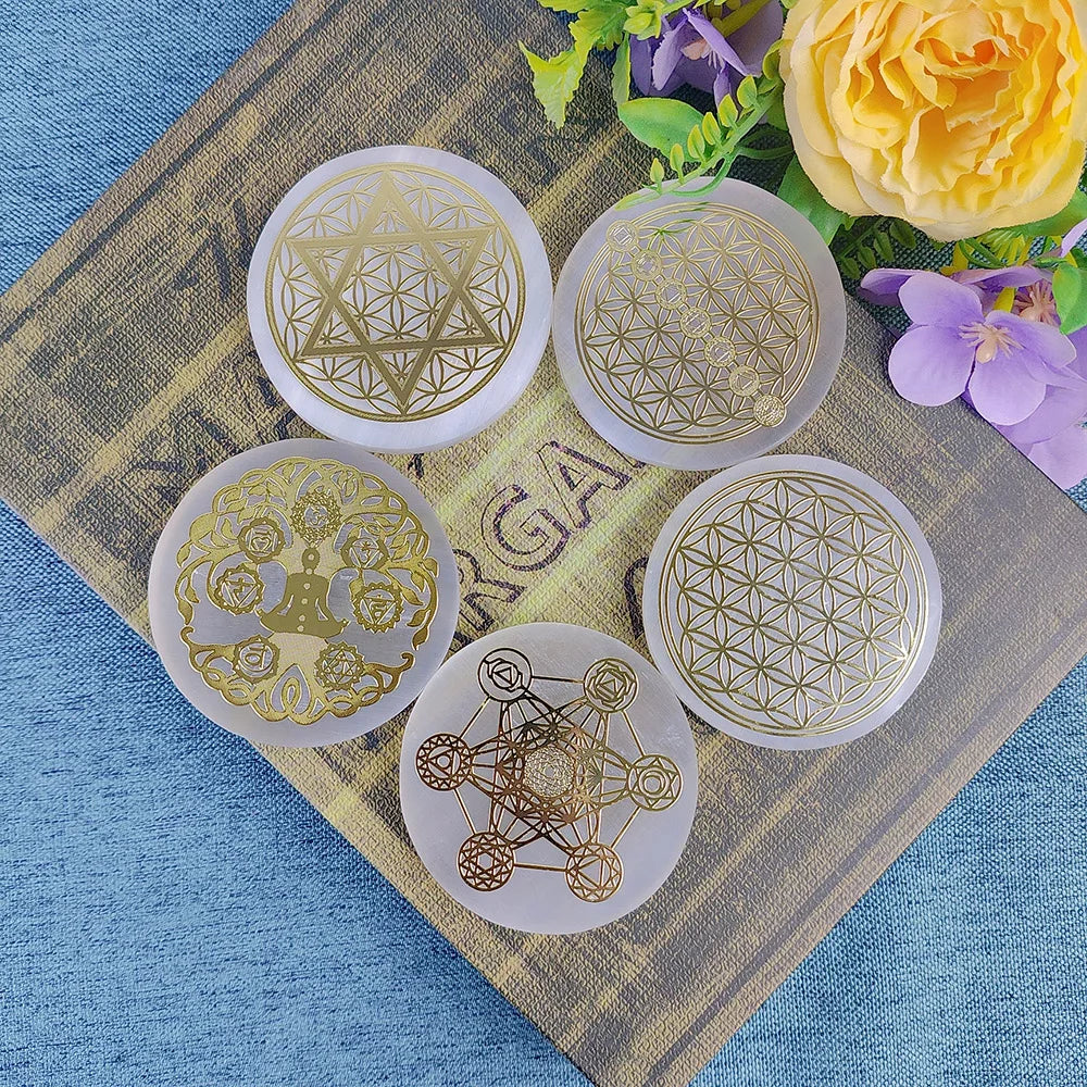 Selenite Spiritual Gold Symbol Plates Green Witch Creations