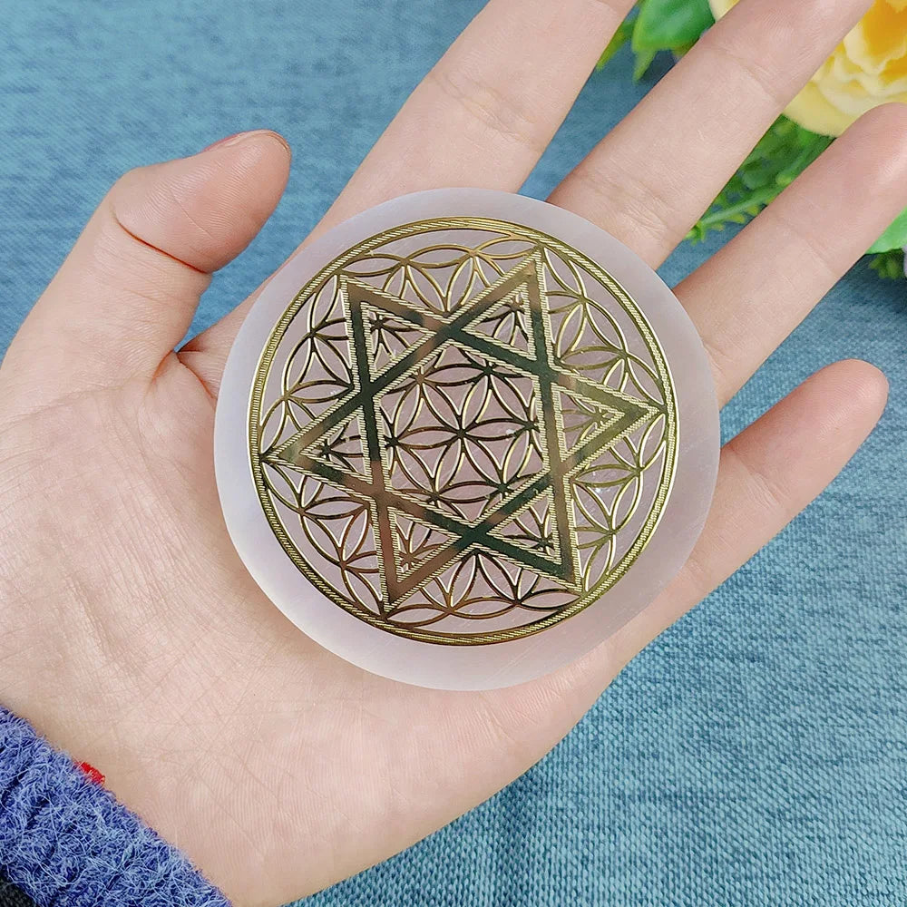 Selenite Spiritual Gold Symbol Plates Green Witch Creations