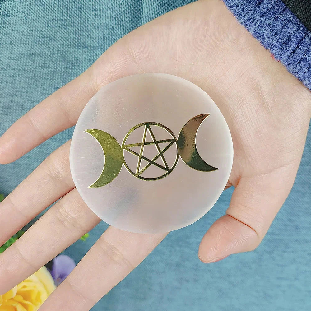 Selenite Spiritual Gold Symbol Plates Green Witch Creations